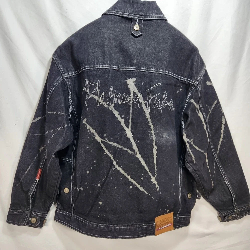 Vintage Platinum FUBU Mens Black Acid Splash Denim Jacket‎ Size L
